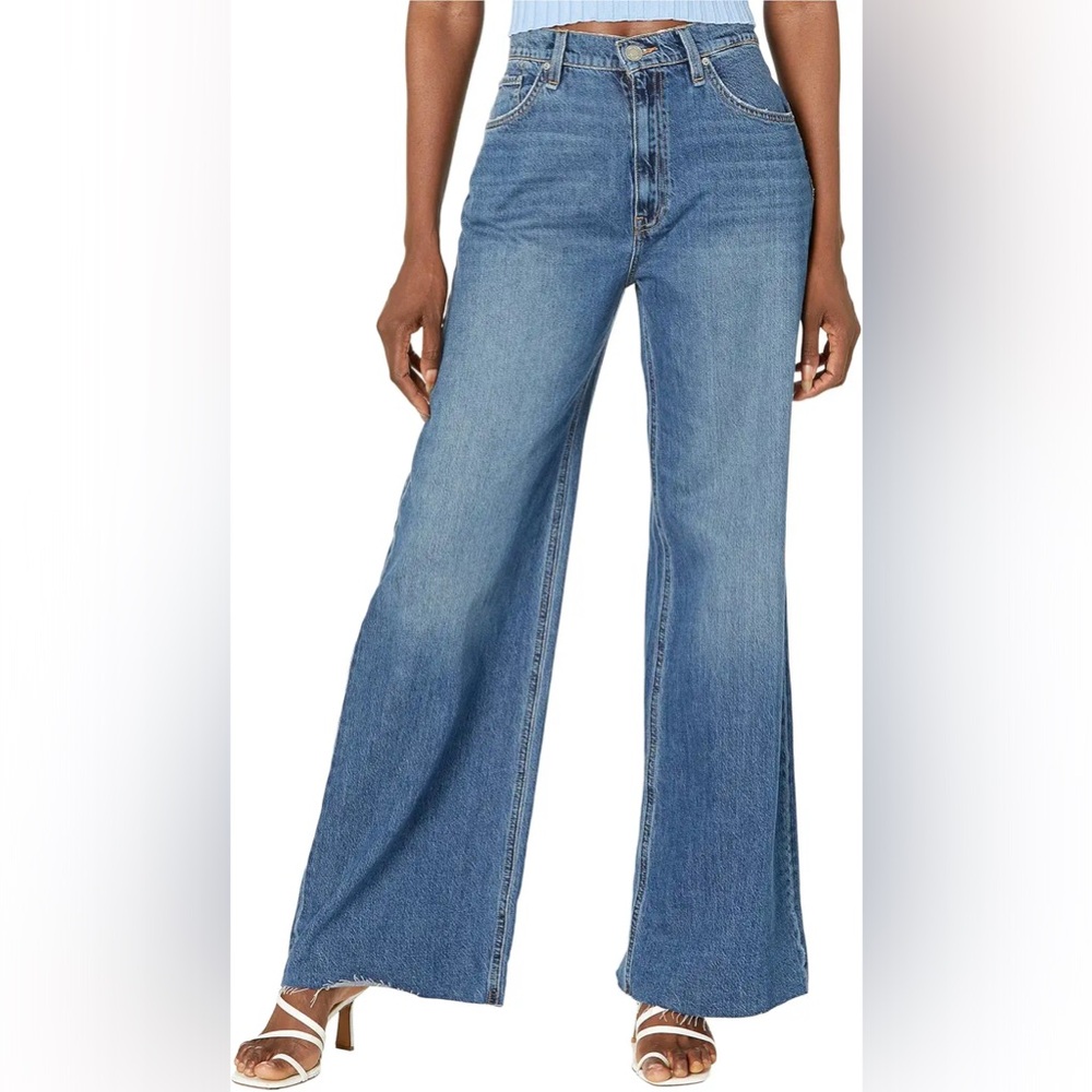 Hudson Jodie Wide Leg High Rise Raw Hem Denim Blue Jeans in Stages Size 29